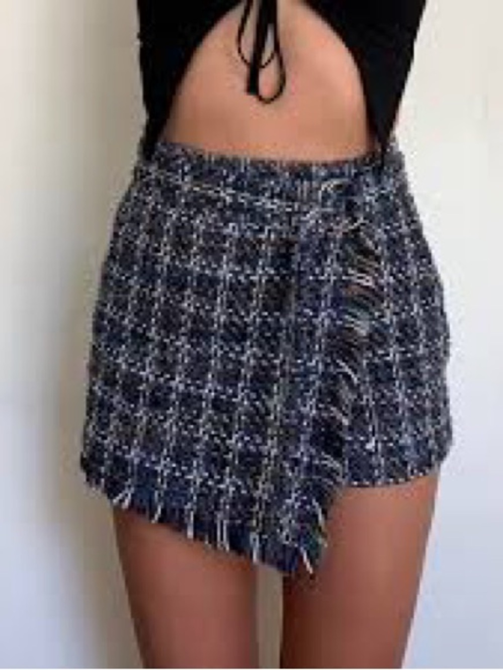 stradivarius Navy and Black Tweed Frayed Mini Skirt